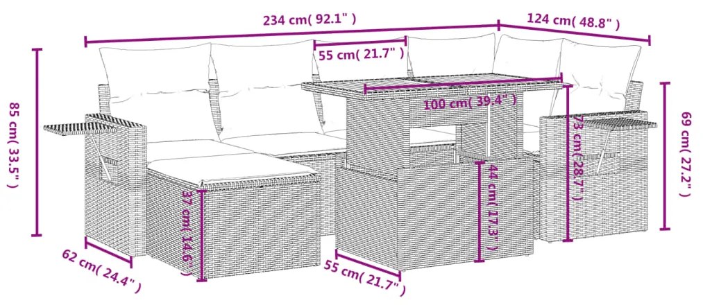 7 pcs conjunto de sofás p/ jardim com almofadões vime PE bege