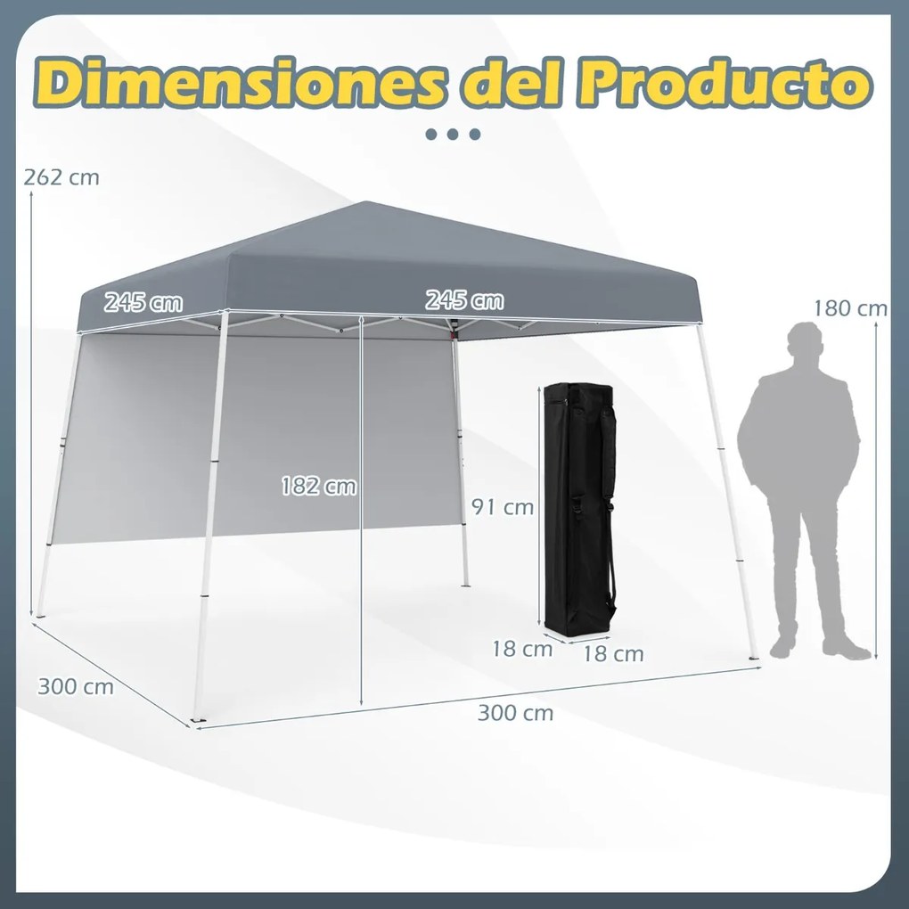 Tenda 300 x 300 cm Pop Up Dobrável com 1 Parede Lateral Com Saco, jardim, campismo, feiras, eventos com Estrutura Metálica Cinzenta