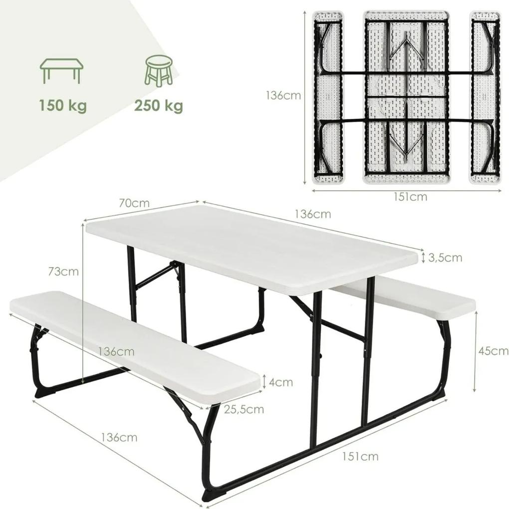 Conjunto de mesa piquenique, campismo dobrável e 2 bancos portátil retangular conjunto de mesa de camping ao ar livre para  jardim Branco