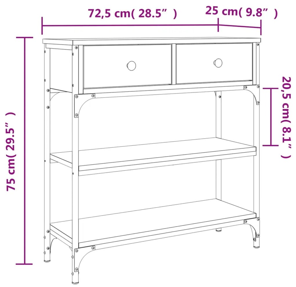 Mesa consola 72,5x25x75 cm derivados madeira carvalho castanho