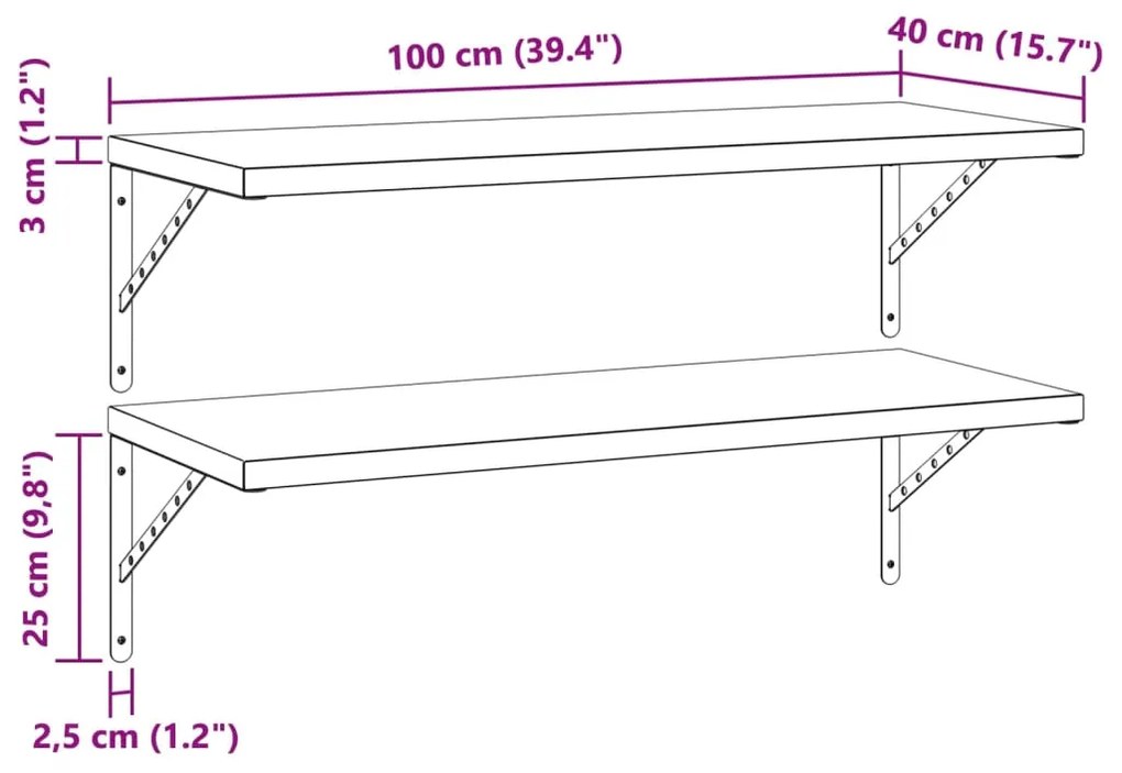 Prateleiras de parede 2 pcs 100x40 cm aço inoxidável prateado