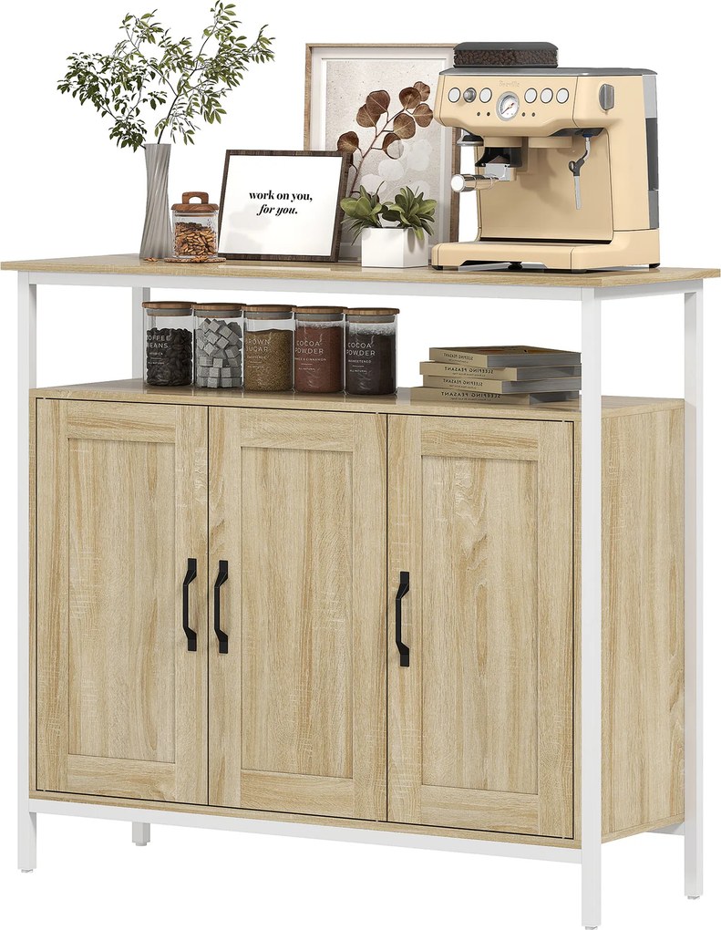 Aparador 100 x 35 x 88 cm, móvel de arrumação de cozinha ou sala com 3 portas, compartimento aberto e 4 prateleiras ajustáveis, madeira cor natural