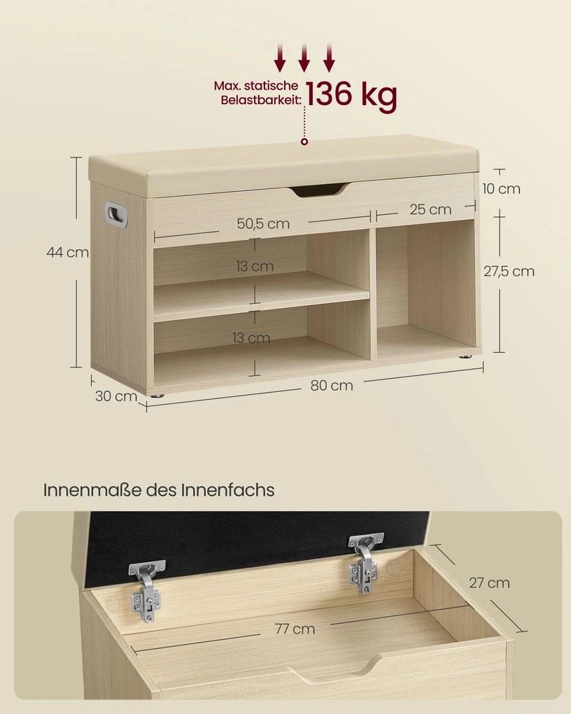 Banco sapateira com 3 compartimentos abertos 30 x 80 x 44 cm Bege natural