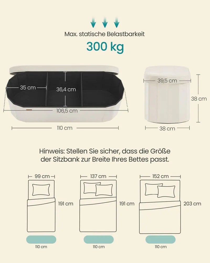 Banco com espaço de arrumação 38 x 110 x 38 cm com um assento confortável e organização Branco creme