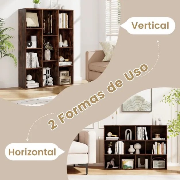 Estante com 11 cubos 74 x 24 x 105 cm para livros vertical ou horizontal em madeira Castanho