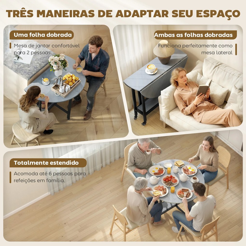 Mesa de Jantar Dobrável (CADEIRAS NÃO INCLUIDAS) com Rodas e Prateleira Aberta Mesa de Cozinha para Espaços Pequenos Cinzento Cimento
