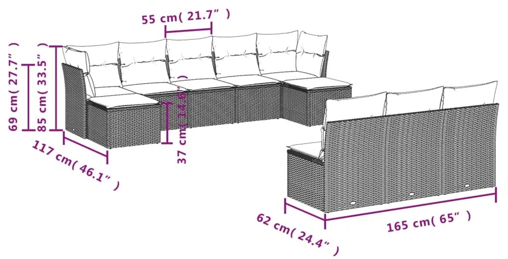 10 pcs conjunto de sofás p/ jardim com almofadões vime PE bege