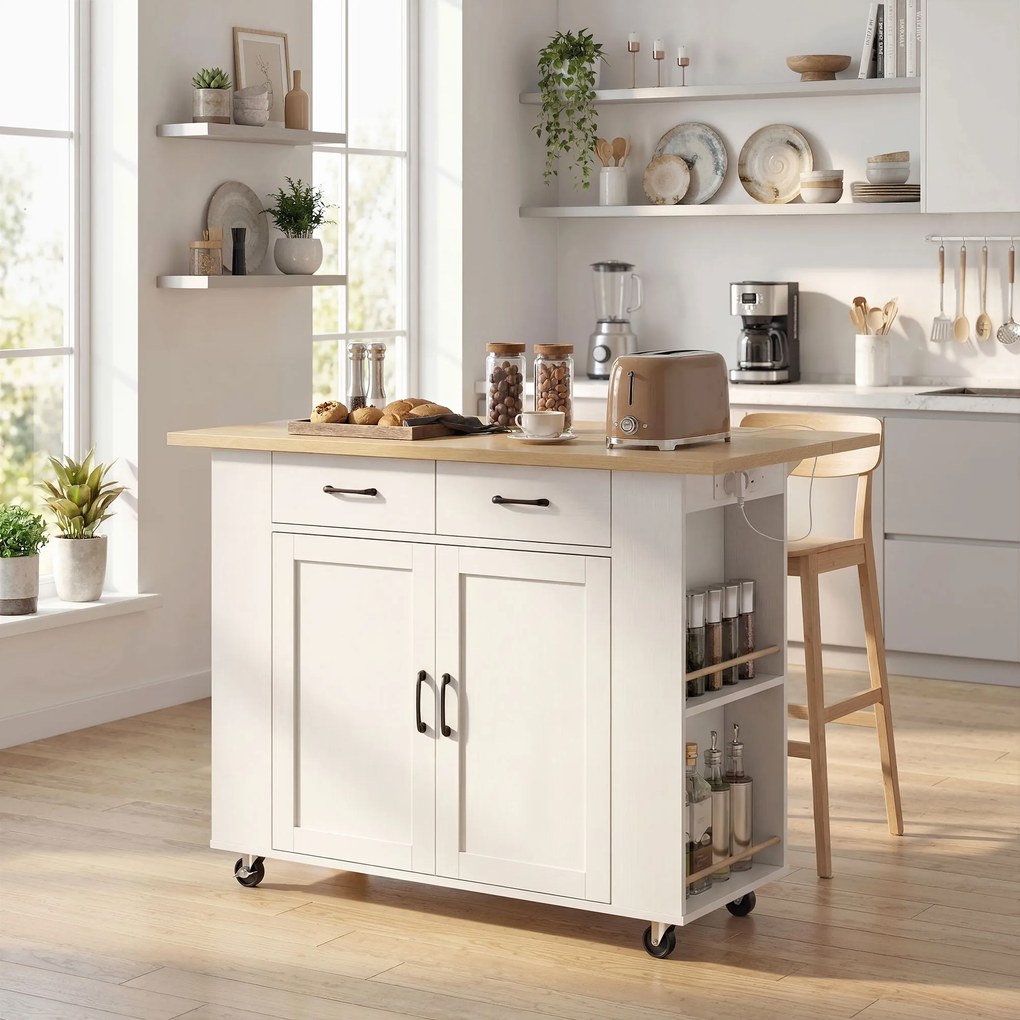 Carrinho de cozinha com Rodas, Ilha de cozinha 120 x 71 x 89 cm com estação de carregamento, e bancada rebatível, 2 gavetas, branco