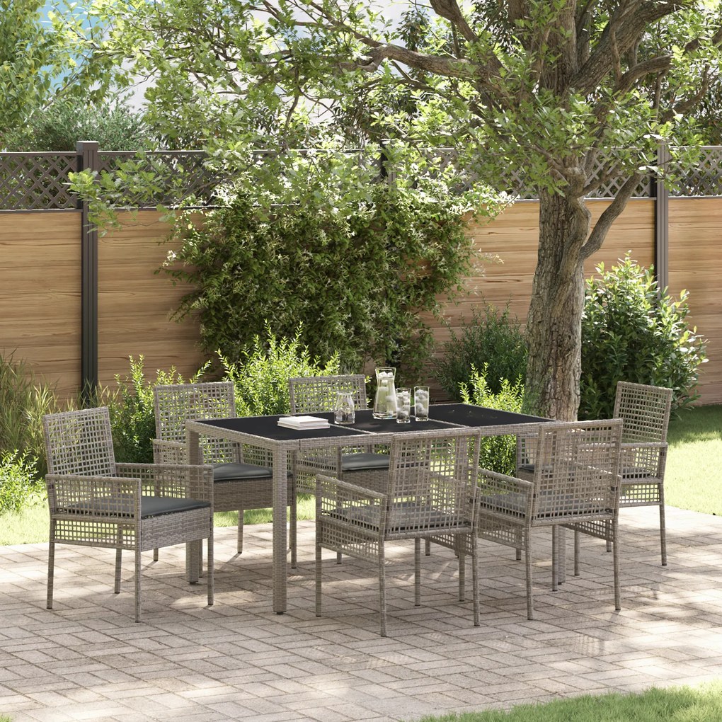 Conjunto de Jantar de Jardim de 7 Peças com Almofadas Cinzento Rattan Poliéster