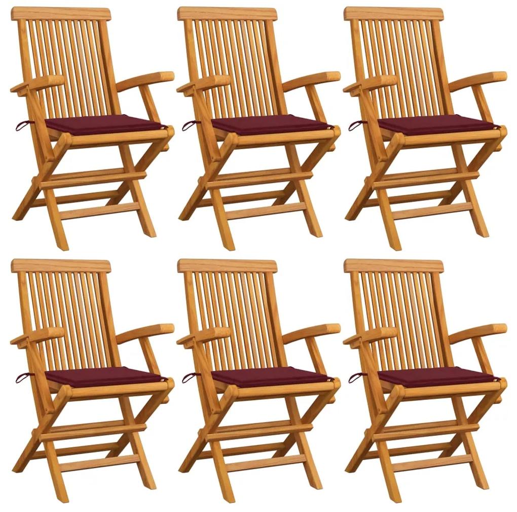 3062550 vidaXL Cadeiras jardim c/ almofadões vermelho tinto 6 pcs teca maciça
