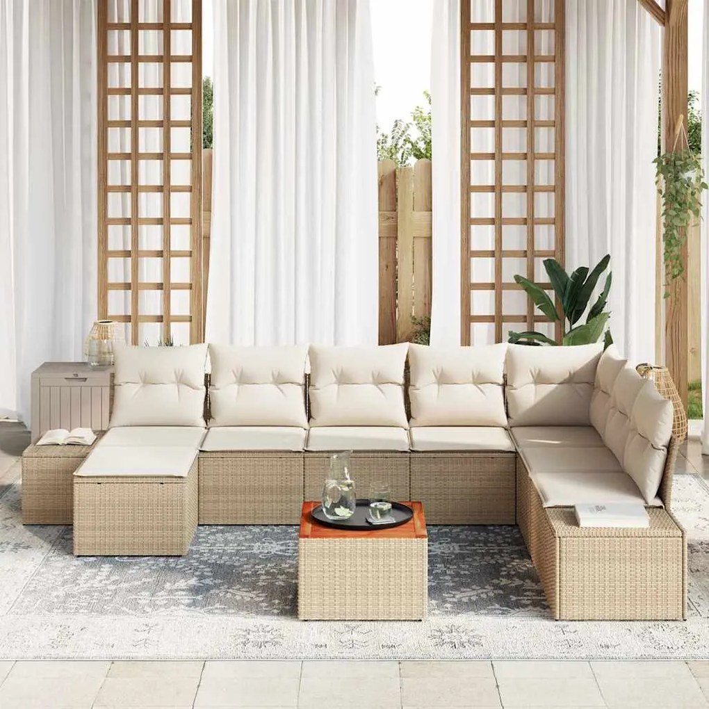 Conjunto de Sofá de Jardim 9 Peças com Almofadas Beiges em Rattan Poli