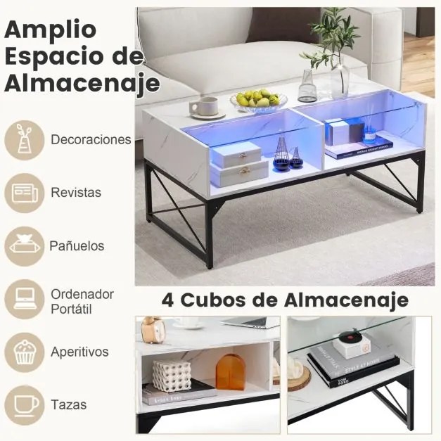 Mesa de centro com luzes LED de alto brilho com tampo de mármore sintético e tampo de vidro temperado com 4 cubos Branca