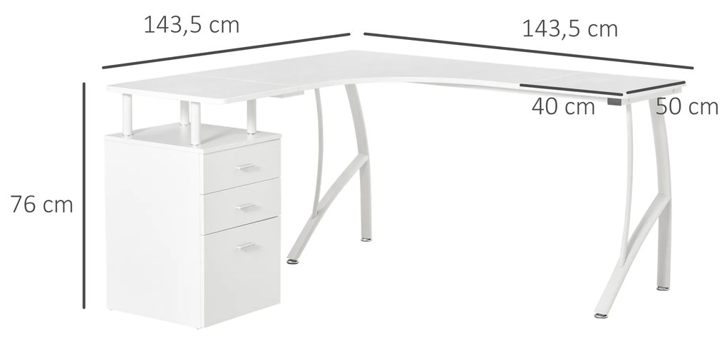 Mesa de canto para computador Mesa em formato de L com 3 gavetas Mesa moderna para escritório 143,5x143,5x76 cm Branco