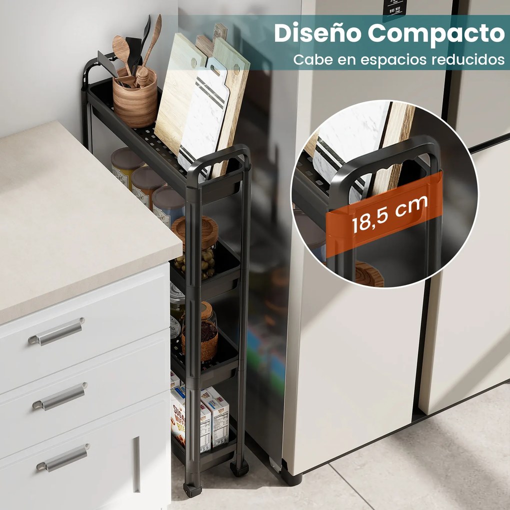Carrinho estreito de 4 níveis com rodas e pegas 54 × 18,5 × 103 cm Organizador móvel para cozinha, casa de banho, lavandaria e escritório Preto