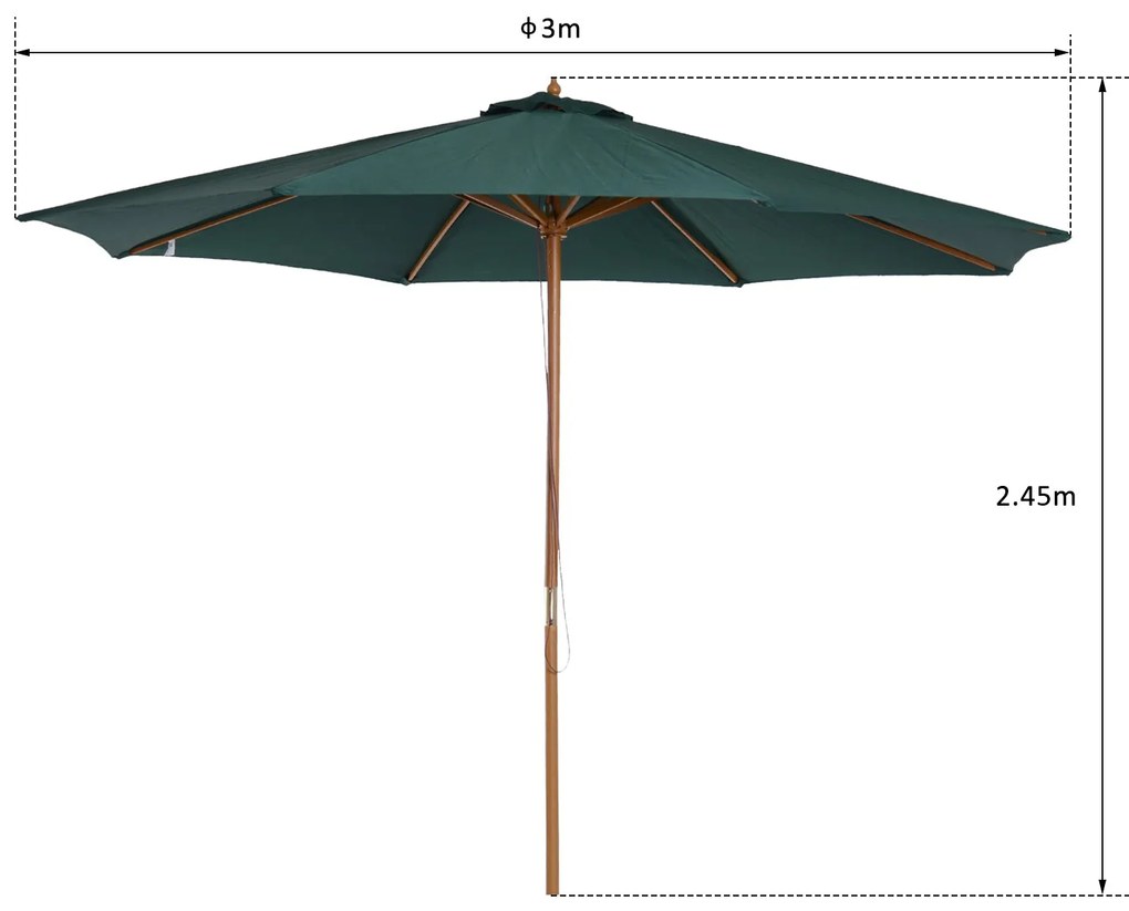 Chapéu de Sol Ø300x250cm Chapéu de Sol com Mastro de Madeira com 8 Has