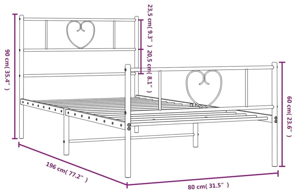 Estrutura de cama com cabeceira e pés 75x190 cm metal preto