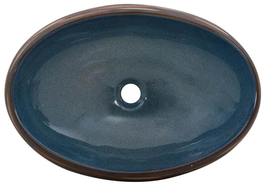 Lavatório de bancada oval 59x40x15 cm cerâmica castanho e azul