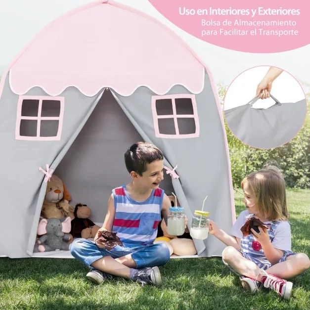 Tenda de brincar infantil Princesa Tenda com tapete antiderrapante com fecho interior de janelas 143 x 100 x 155 cm rosa e cinza