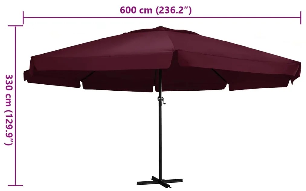 Guarda-sol de jardim com poste de alumínio 600 cm bordô