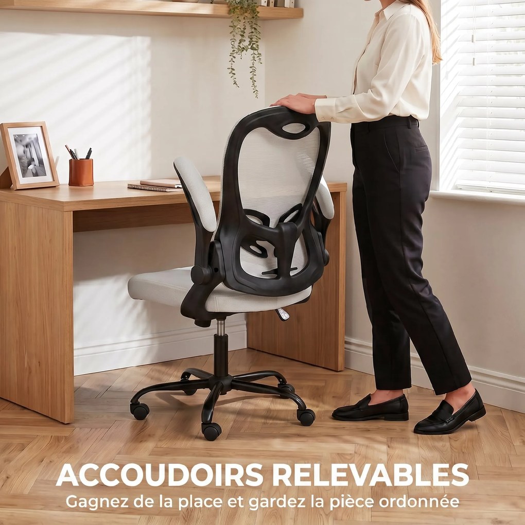 Cadeira de escritório ergonómica, cadeira de escritório em malha, braços rebatíveis, altura ajustável, função de balanço, cinzenta