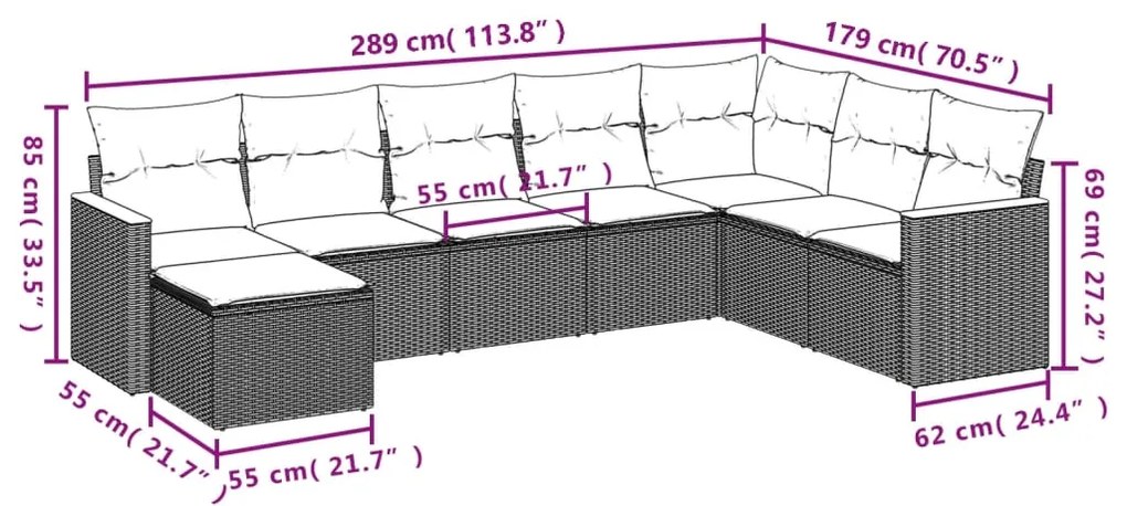 8 pcs conjunto de sofás p/ jardim com almofadões vime PE bege