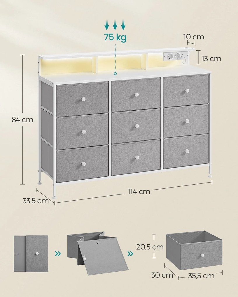 Cómoda com 9 gavetas e iluminação LED 33,5 x 114 x 84 cm Cinzento