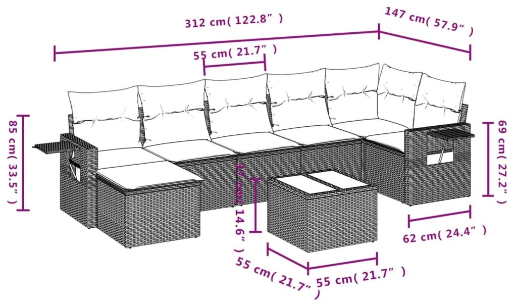 8 pcs conj. sofás jardim c/ almofadões vime PE cinzento-claro