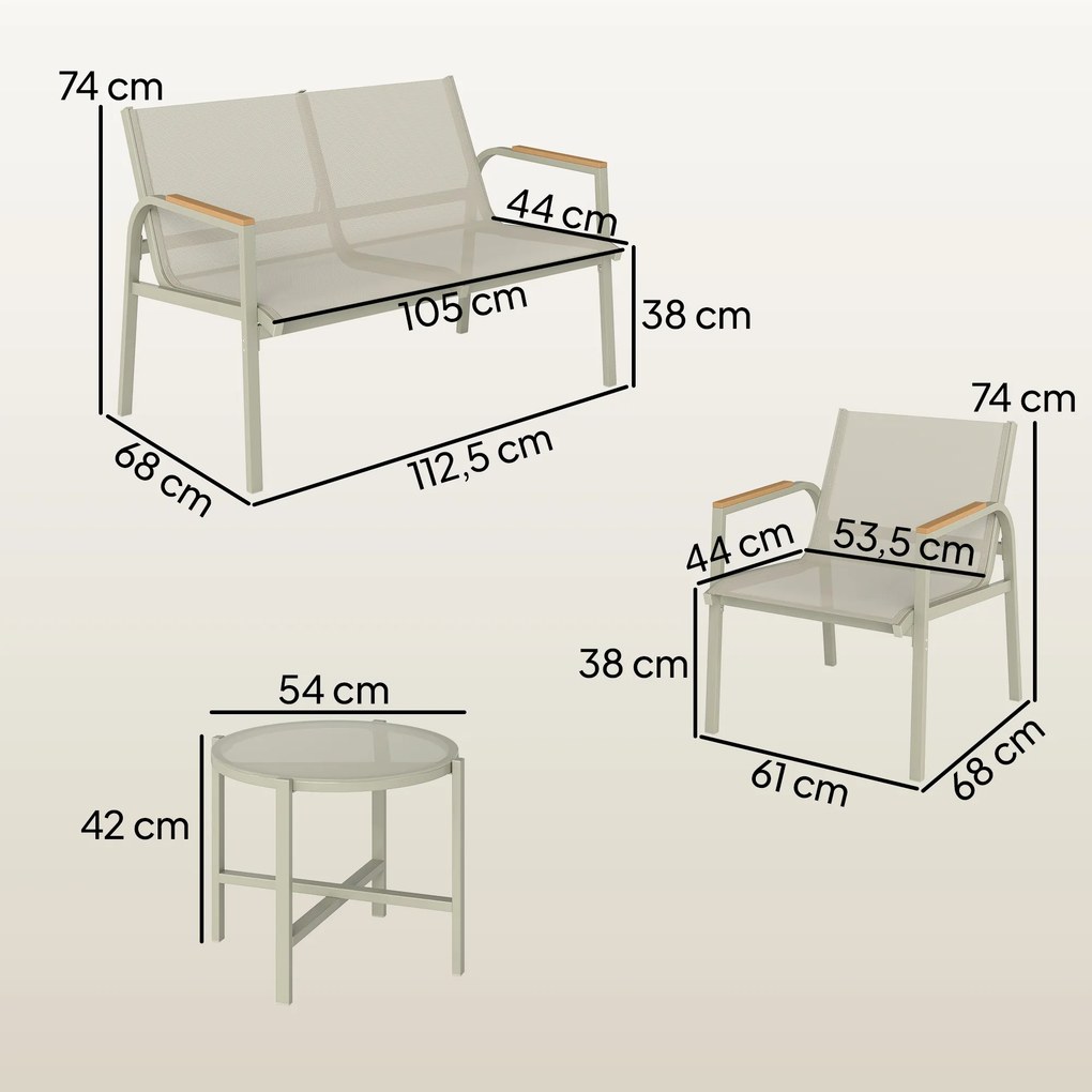 Conjunto de jardim para terraço com sofá de 2 lugares, 2 poltronas e mesa de centro em vidro temperado, 4 peças, verde