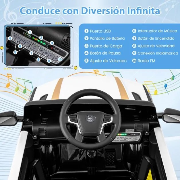 Carro de polícia elétrico com bateria de 12V 7A para crianças com Controlo remoto Sirene de música e luz LED intermitente Preto+Branco