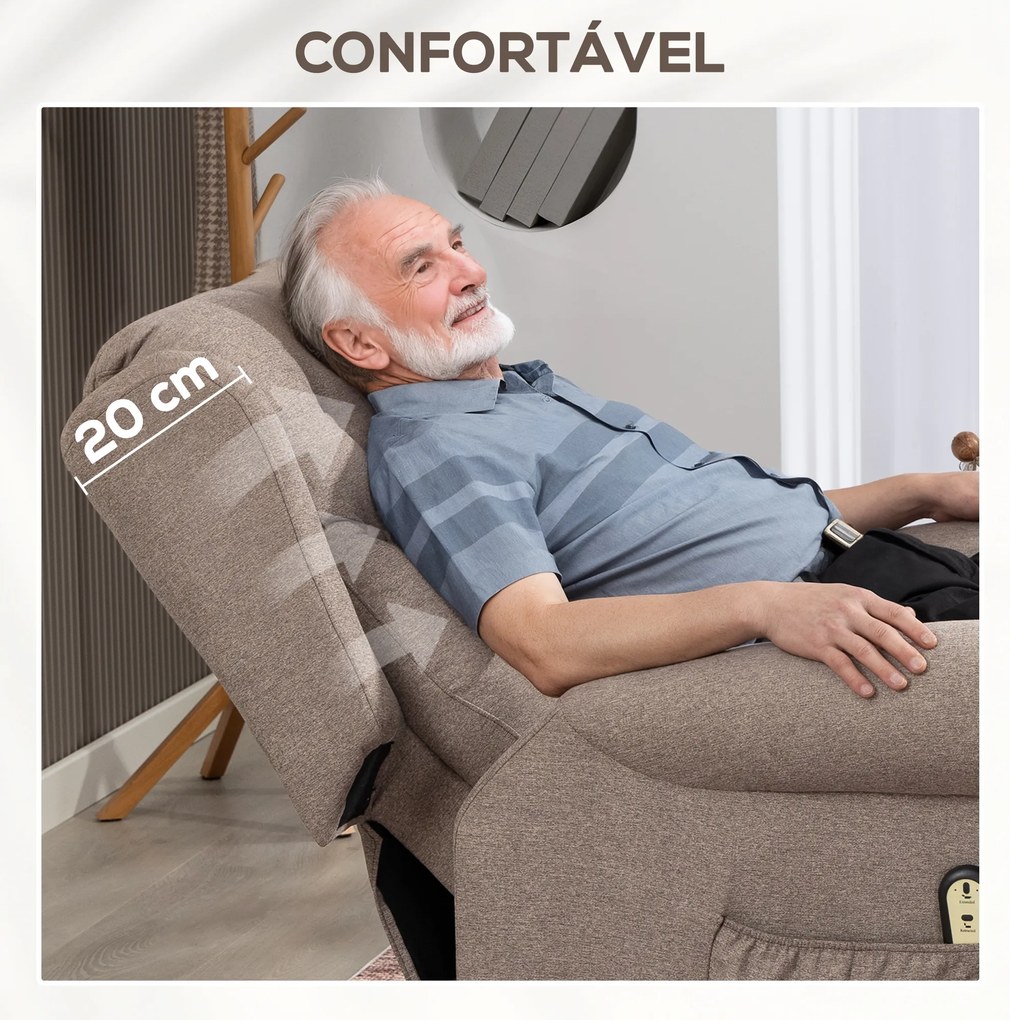 Poltrona Relax Reclinável Elétrica Poltrona Elevatória com Encosto Alto Capitonê Controlo Remoto 85x91x103 cm Castanha claro