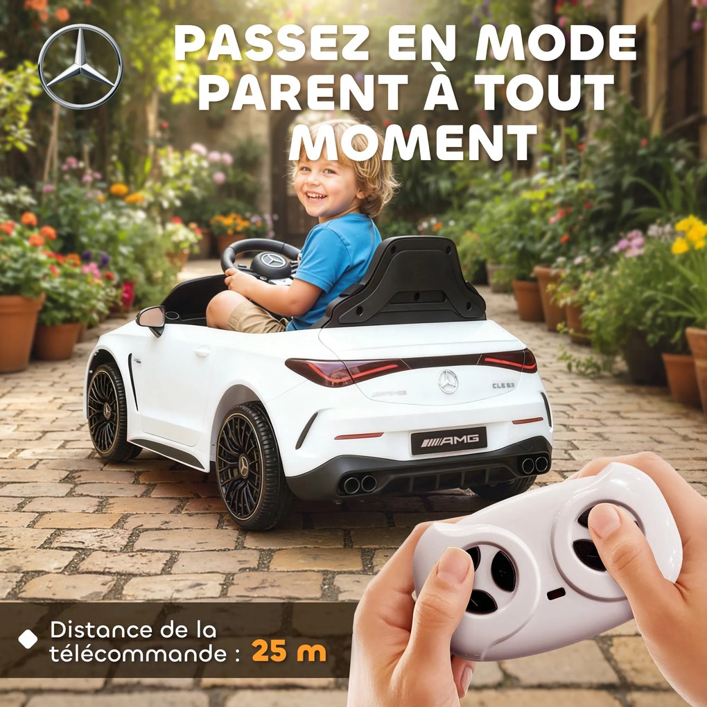 Carro elétrico infantil Mercedes AMG CLE 53, 12 V, 2 motores, crianças 2 a 6 anos comando à distância para os pais de 2,4 GHz, 99 x 55 x 43 cm, branco