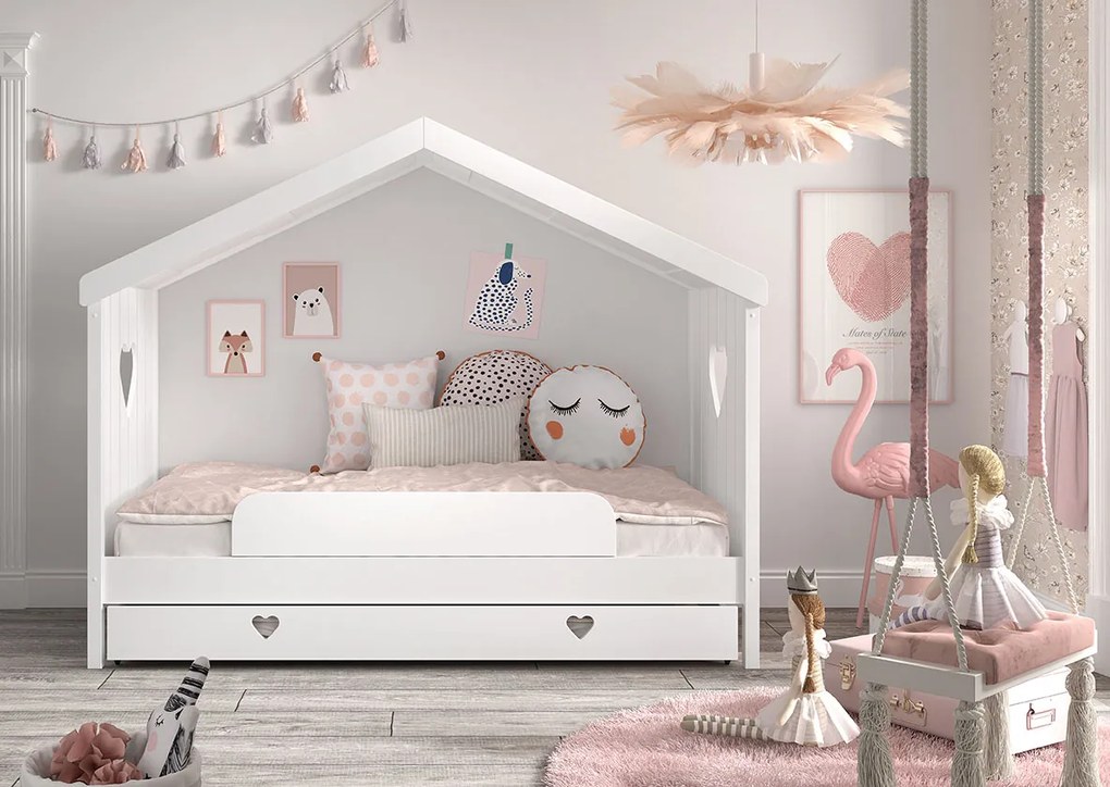 Cama infantil Coleção AMORI House 90x200cm + Estrado + Gaveta inferior + Grade segurança Branca