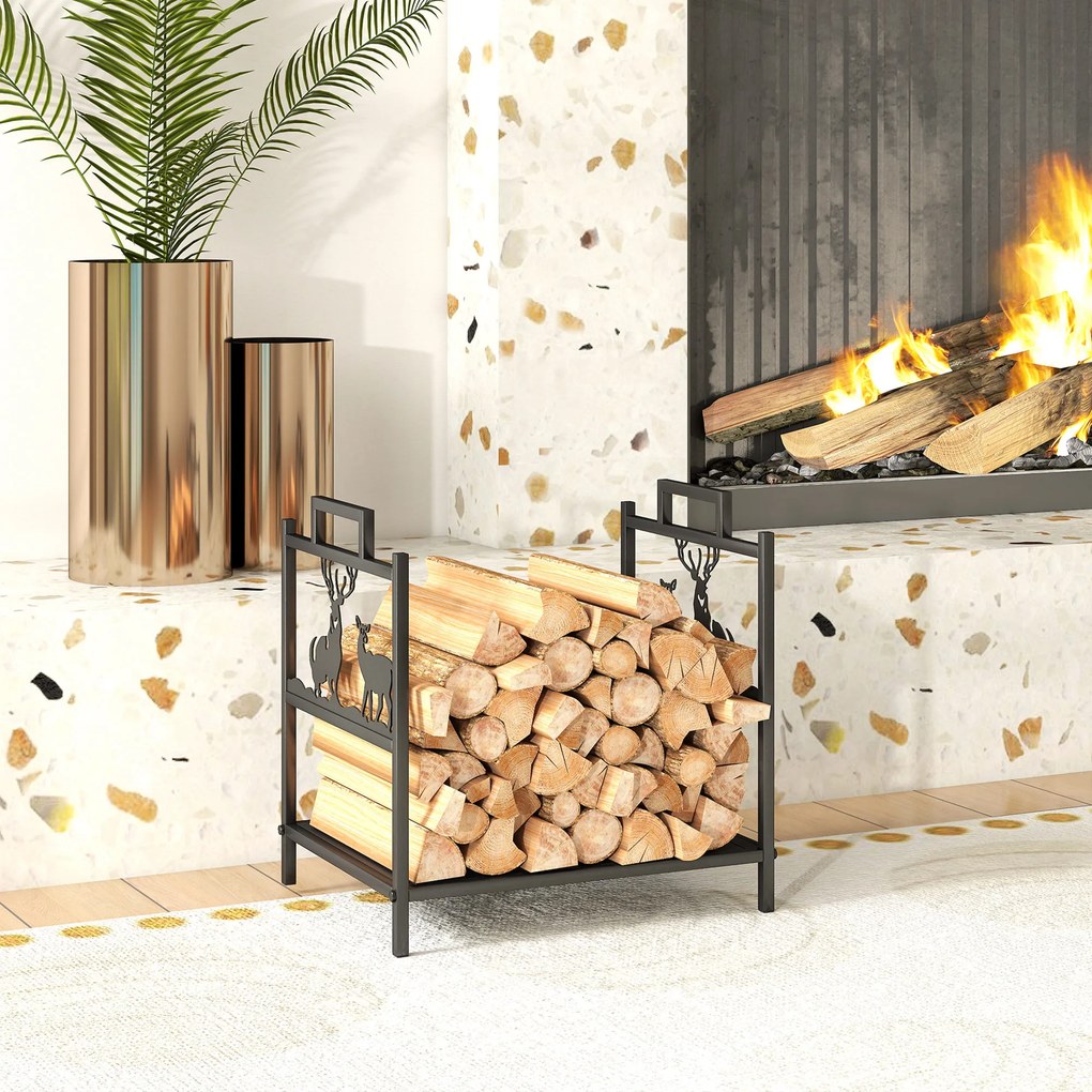 Suporte para Lenha em Metal com Pegas 42,5x33,5x43 cm para Lareira Jardim e Terraço Preto