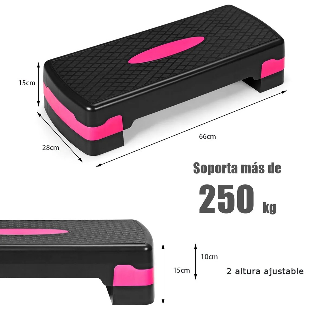 Step de treino aeróbico com plataforma e superfície antiderrapante para casa, ginásio e escritório até 250 kg 66 x 28 x 10-15 cm preto e Rosa