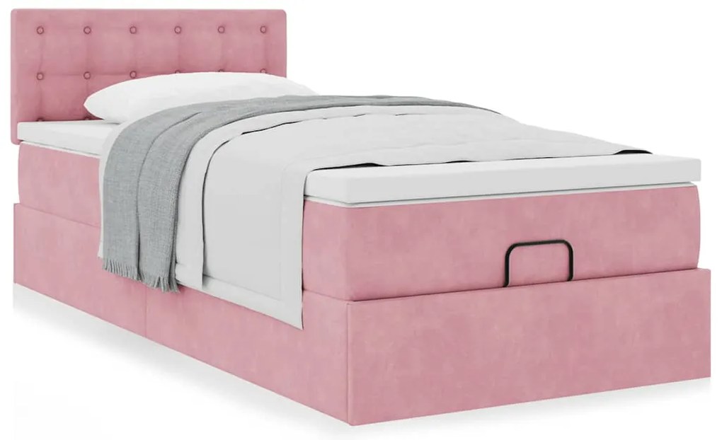 Estrutura de cama otomana com colchão rosa 90x200cm veludo
