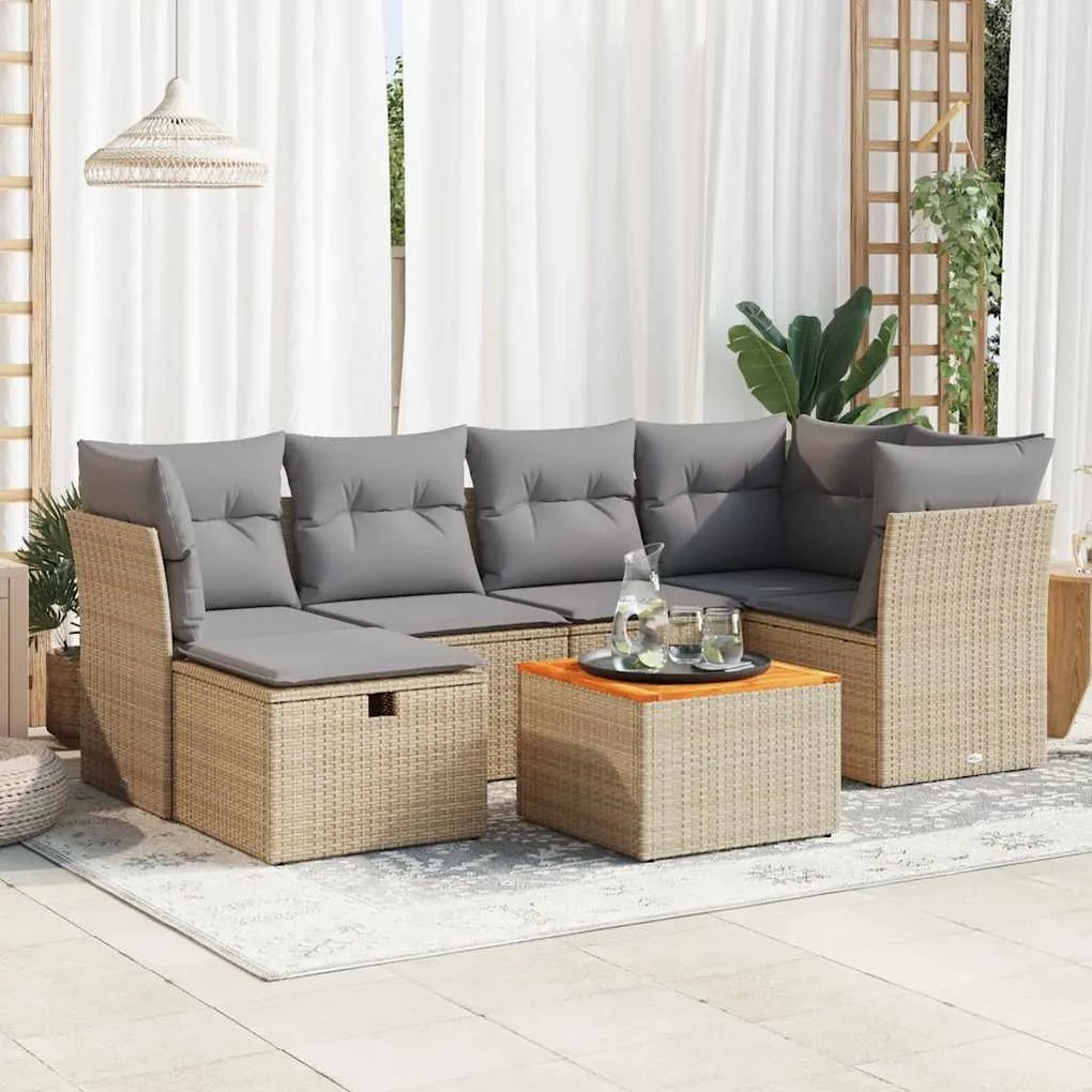 7 pcs conjunto de sofás p/ jardim com almofadões vime PE bege