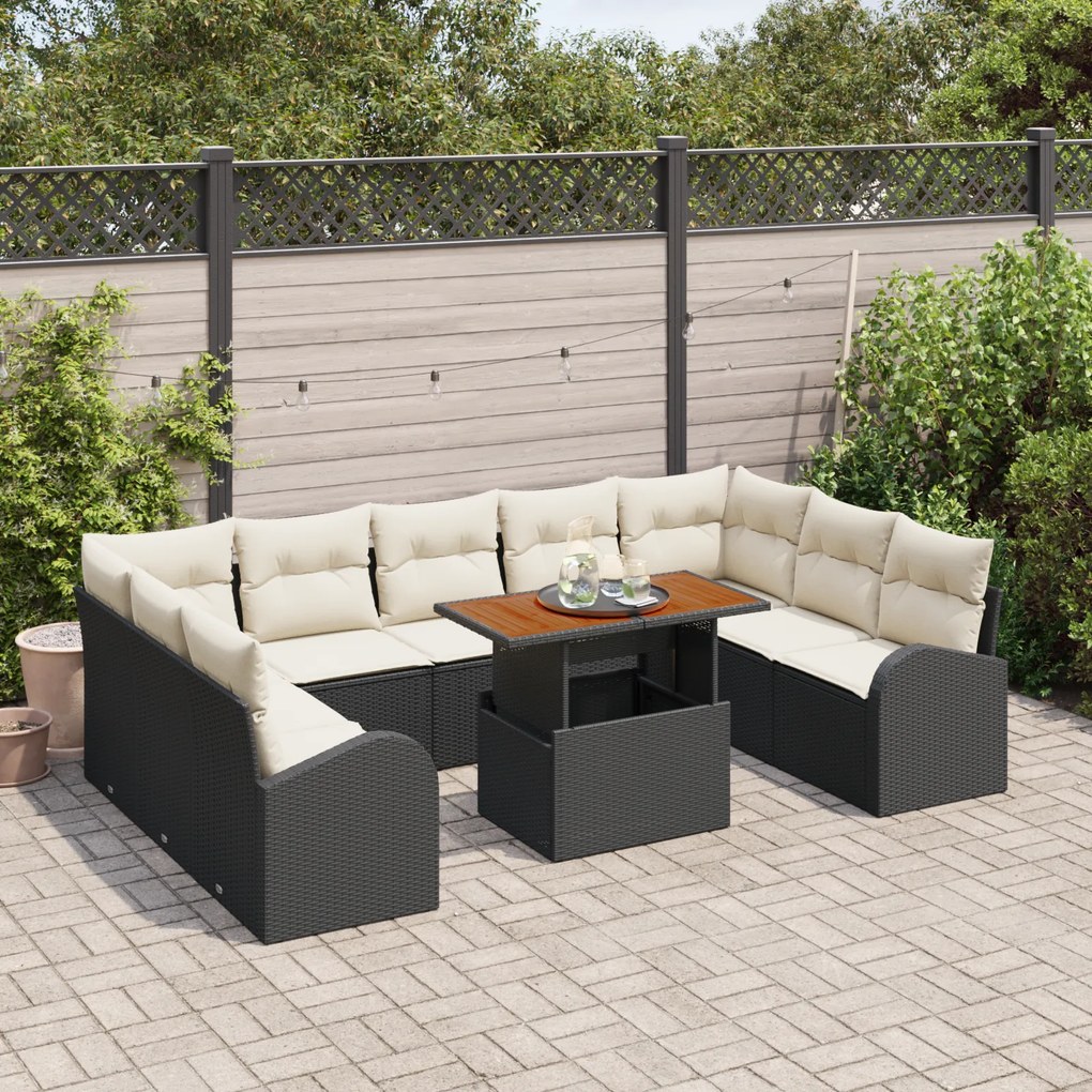 Conjunto de Sofá de Jardim de 10 Peças com Almofadas Preto Poliratan,