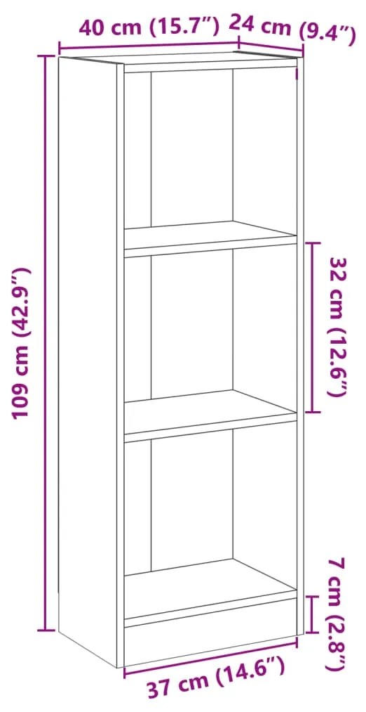 Estante c/3 prateleiras 40x24x109cm madeira processada cinzento