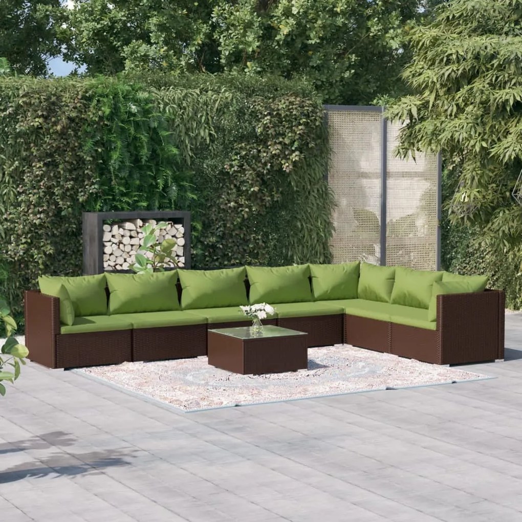 vidaXL 8 pcs conjunto lounge jardim c/ almofadões vime PE castanho
