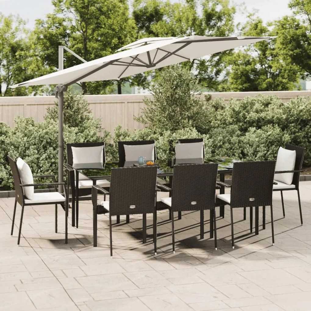 9 pcs conjunto de jantar p/ jardim c/ almofadões vime PE preto