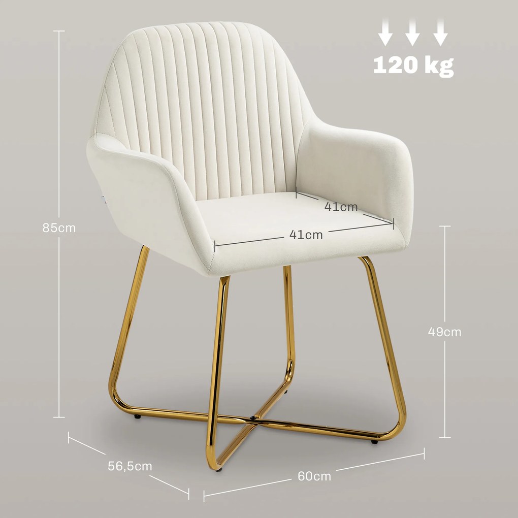 Cadeira de Sala de Jantar Estofada em Veludo com Base Metálica Cruzada Cadeira de Leitura 60x56,5x85 cm Creme