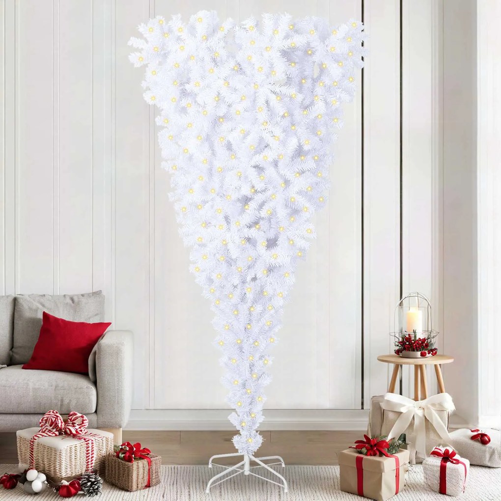 vidaXL Árvore de Natal Artificial com 300 LEDs Branco 240 cm PVC e Aço