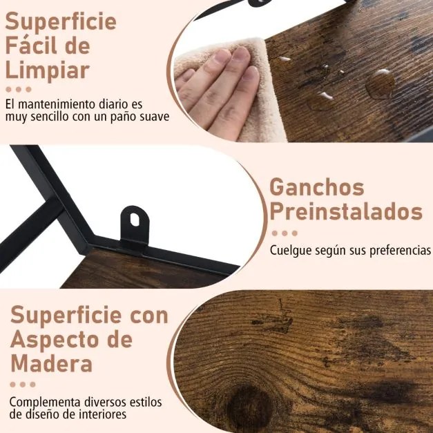 Prateleira hexagonal de parede 80 x 18 x 69,5 cm com 3 níveis flutuantes com ganchos de metal e madeira para quarto, sala de estar, café