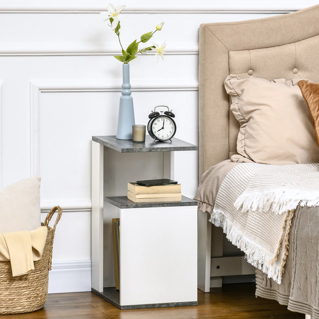 HOMCOM Mesinha de Cabeceira Mesa Auxiliar com 2 Prateleiras de Armazenamento para Dormitório Sala de Estar Estilo Moderno 35x29,5x60cm Cinza e Branco