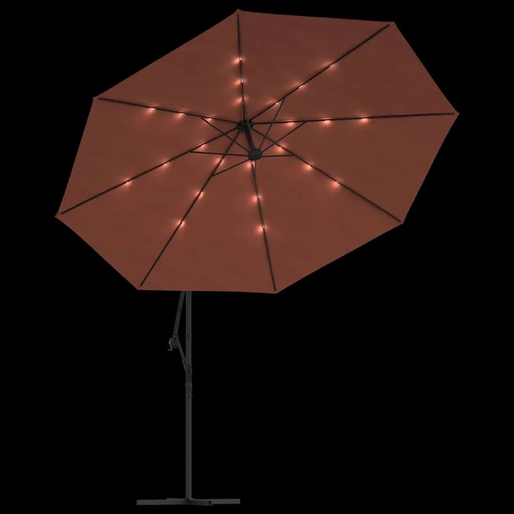 Guarda-sol de jardim cantilever c/ luzes LED 350 cm terracotta