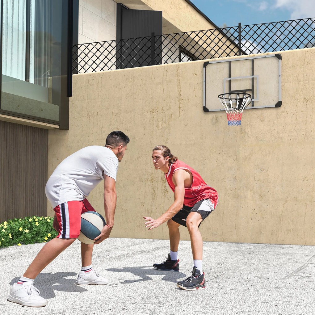 Cesto de Basquetebol de Parede com Aro, Rede e Estrutura em Aço para Exterior, 113x61x73 cm, Branco e Preto