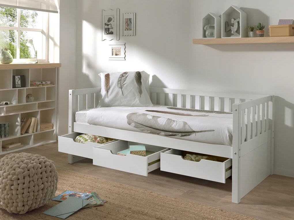 Cama infantil FRITZ (90x200) com 3 gavetas + Estrado Branca
