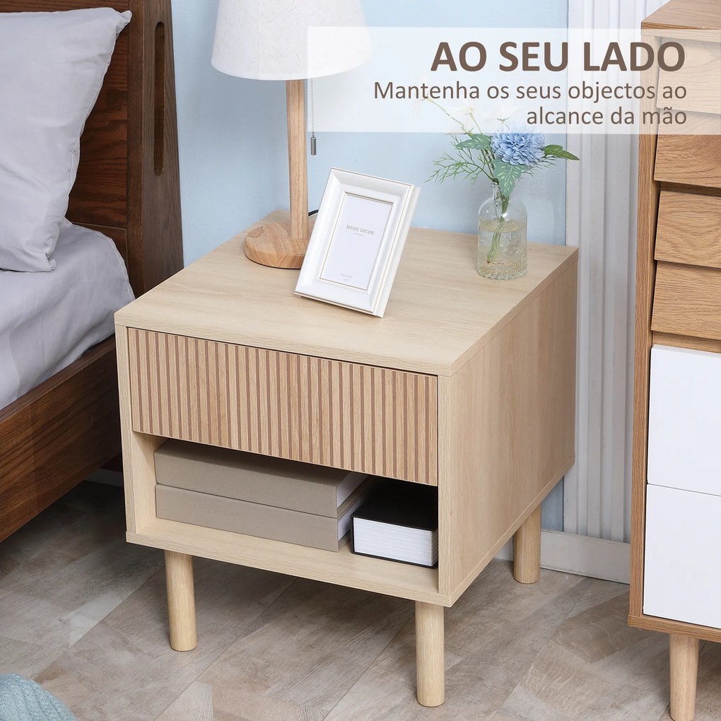 Mesa de Cabeceira com Gaveta e Prateleira Aberta Estilo Moderno para Quarto 47x47x50 cm Madeira