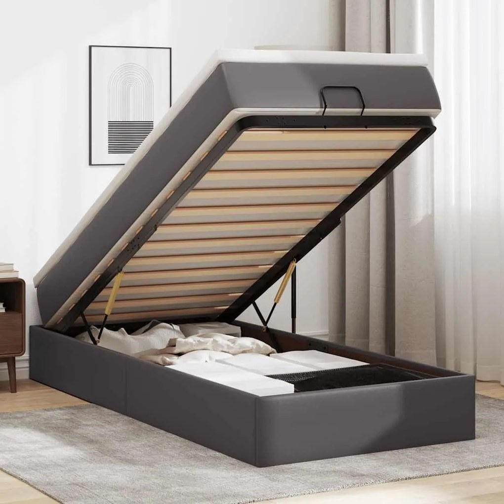 vidaXL Estrutura de cama otomana com colchão cinza couro falso