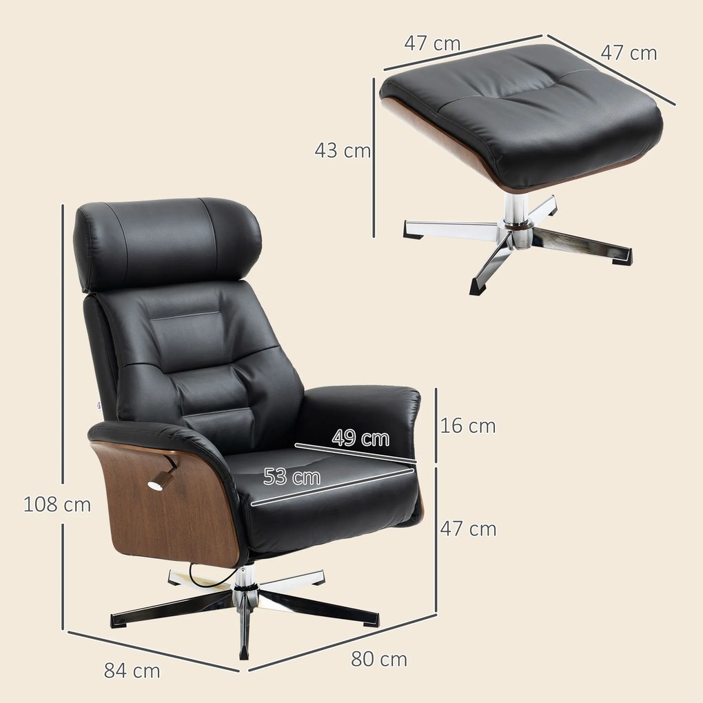 Poltrona relax com apoio para os pés, poltrona de relaxamento com encosto reclinável e apoio para a cabeça ajustável, 80 x 84 x 108 cm, preta